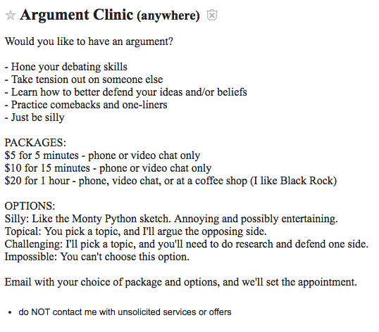 Argument Clinic craigslist ad